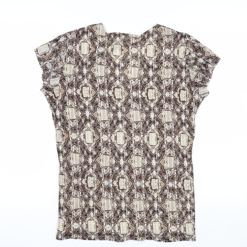 Worthington Women Brown Geometric V-Neck Short Sleeve Tunic Blouse Size L