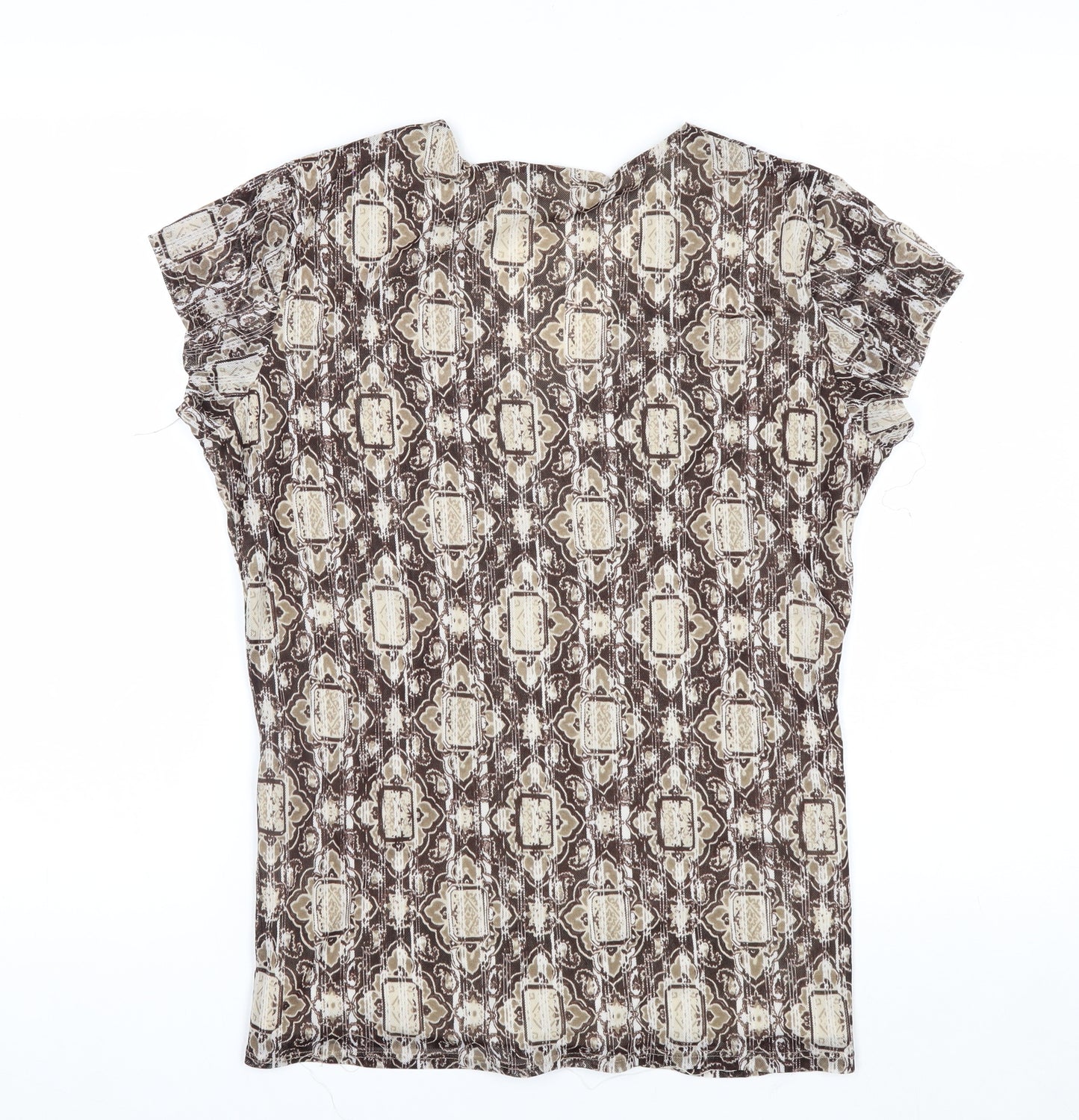 Worthington Women Brown Geometric V-Neck Short Sleeve Tunic Blouse Size L