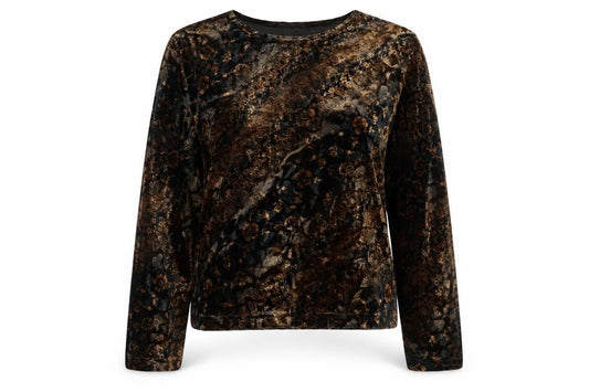 Front view of Libra Women's Brown Floral Velvet Long Sleeve Blouse, size XL