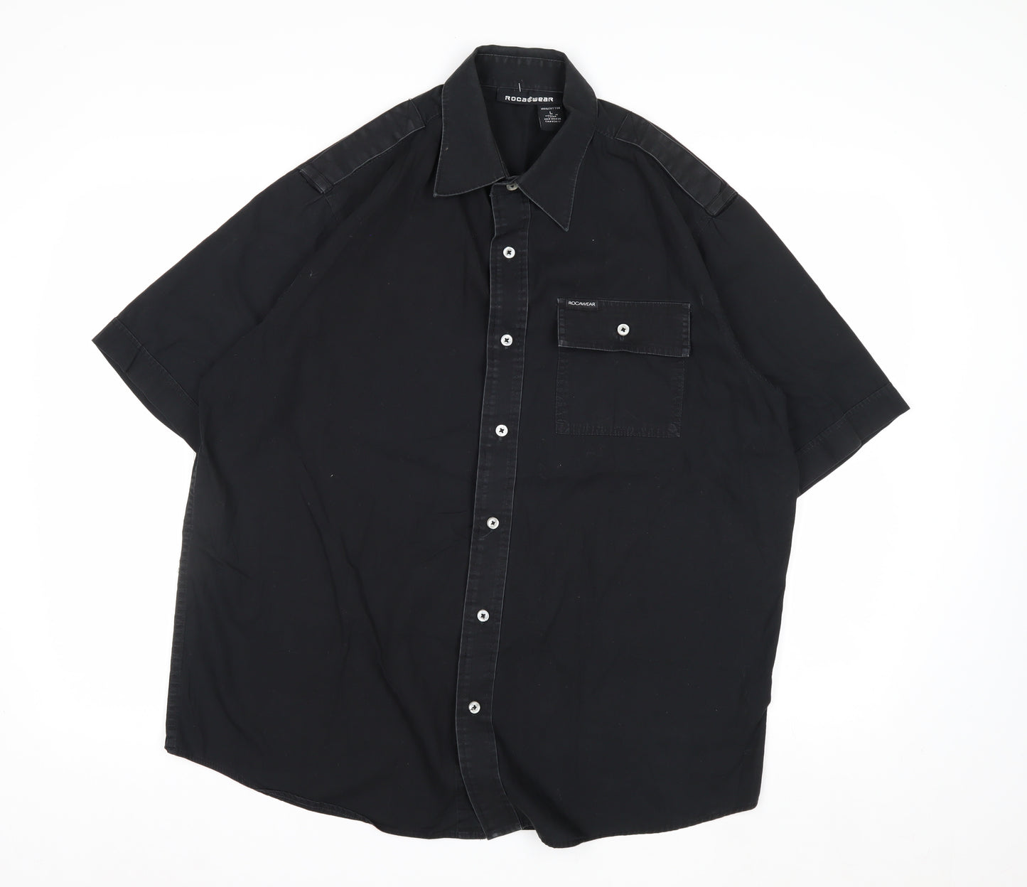 Rocawear Men's Black Cotton Short Sleeve Button-Up Shirt L
