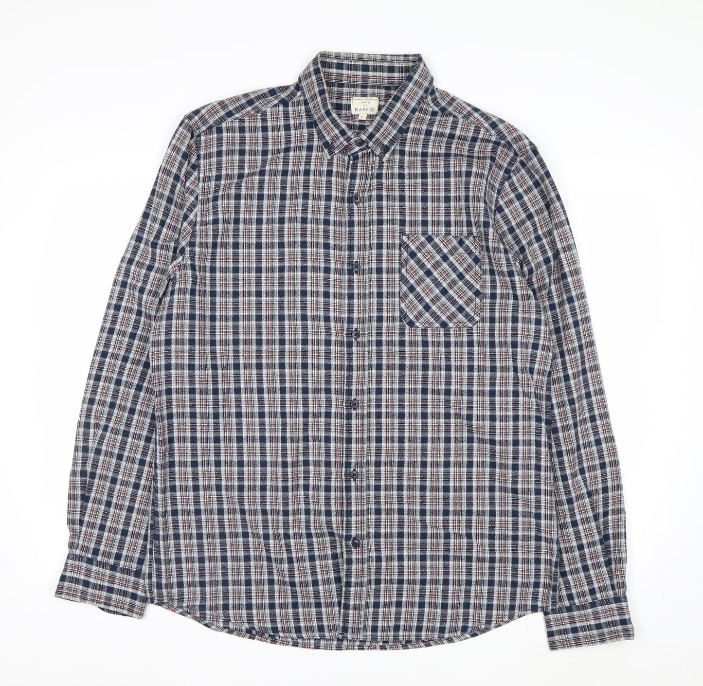 Easy 1973 Men's Blue Checked Cotton Long Sleeve Button-Up Shirt Size L