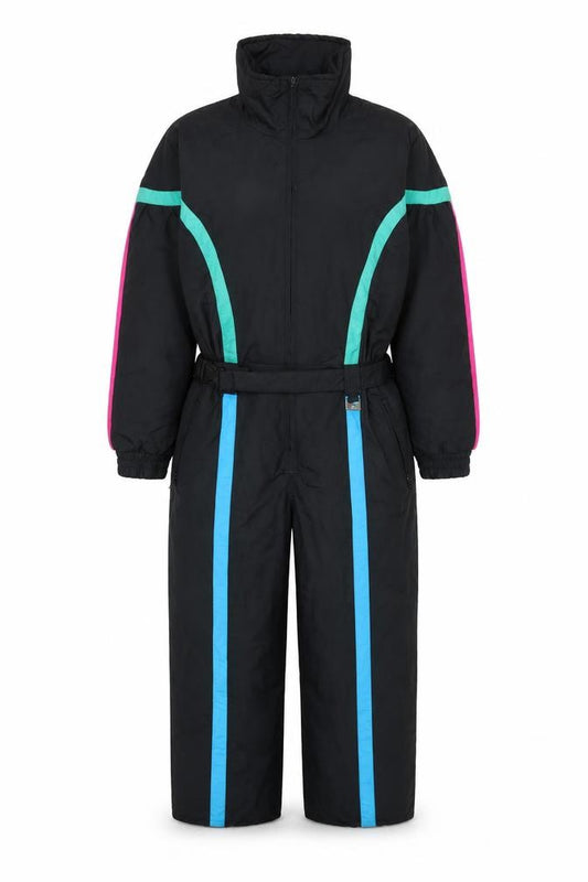 Front view of Club Attivo women’s black, size UK 10, retro ski suit winter belted full zip