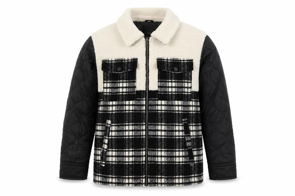 Front view of River Island boys’ black check sherpa shirt jacket 9-10 years