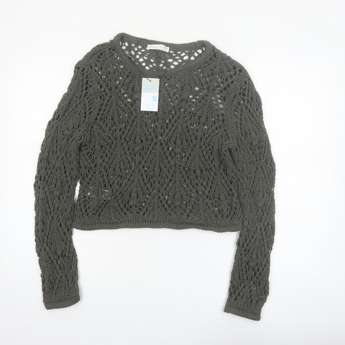 Primark Women Green Open-Knit Cotton Pullover Jumper Size S