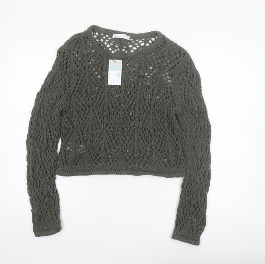Primark Women Green Open-Knit Cotton Pullover Jumper Size S