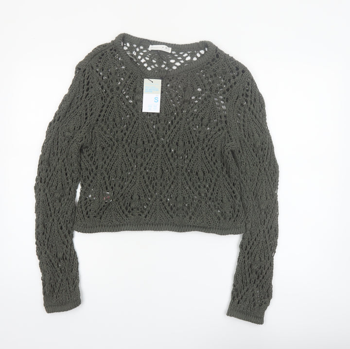 Primark Women Green Open-Knit Cotton Pullover Jumper Size S