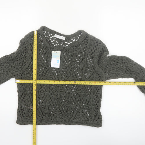 Primark Women Green Open-Knit Cotton Pullover Jumper Size S