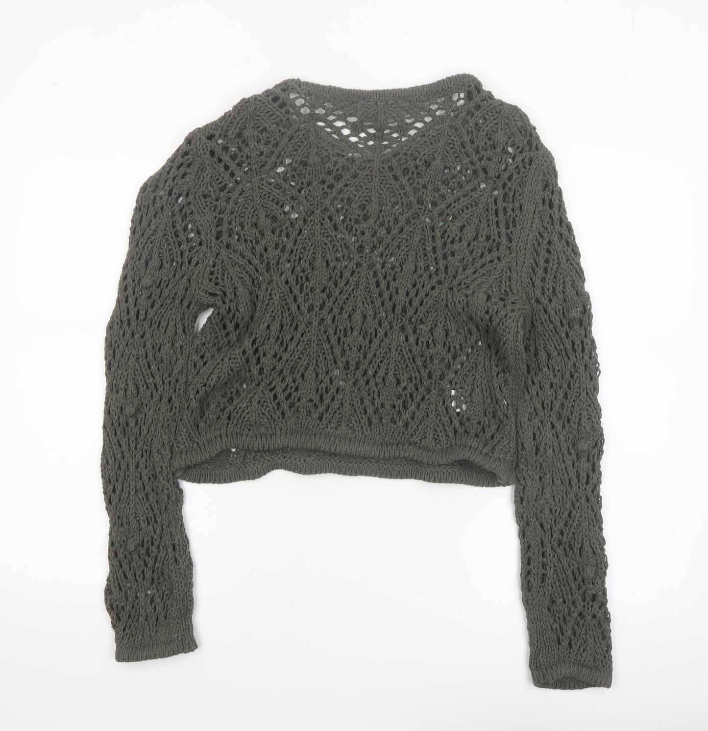 Primark Women Green Open-Knit Cotton Pullover Jumper Size S