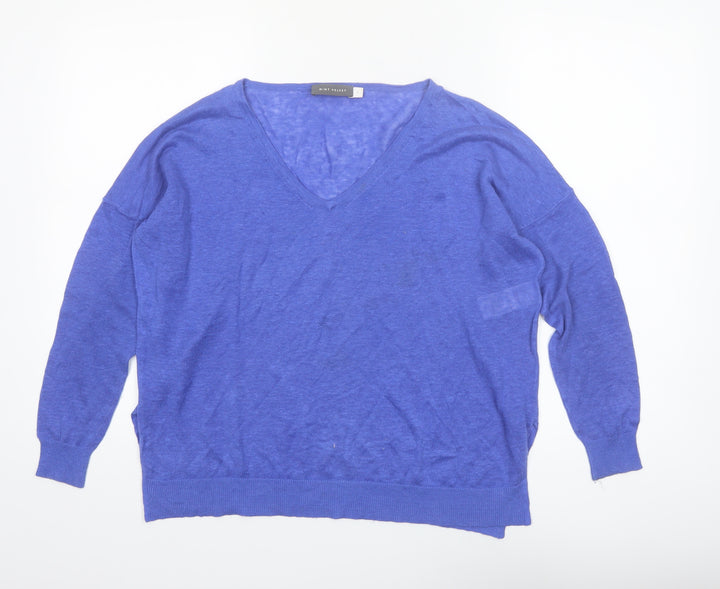 Mint Velvet Women's Blue Linen V-Neck Long Sleeve Blouse Size 8