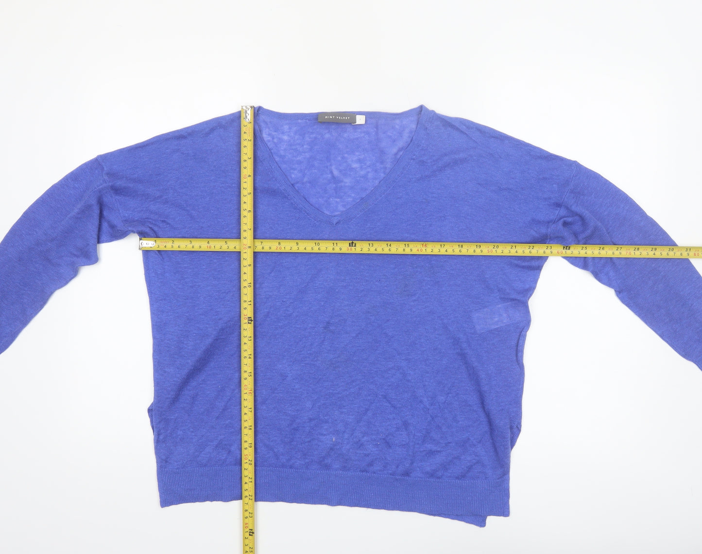 Mint Velvet Women's Blue Linen V-Neck Long Sleeve Blouse Size 8