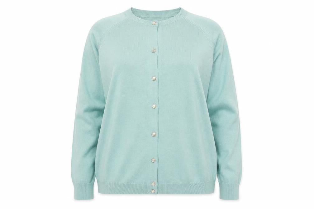 Front view of Jonelle women’s green acrylic knit cardigan, size UK 20