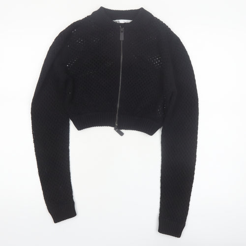 ZARA Women’s Black Cotton Open-Knit Full Zip Cropped Jumper Size 12