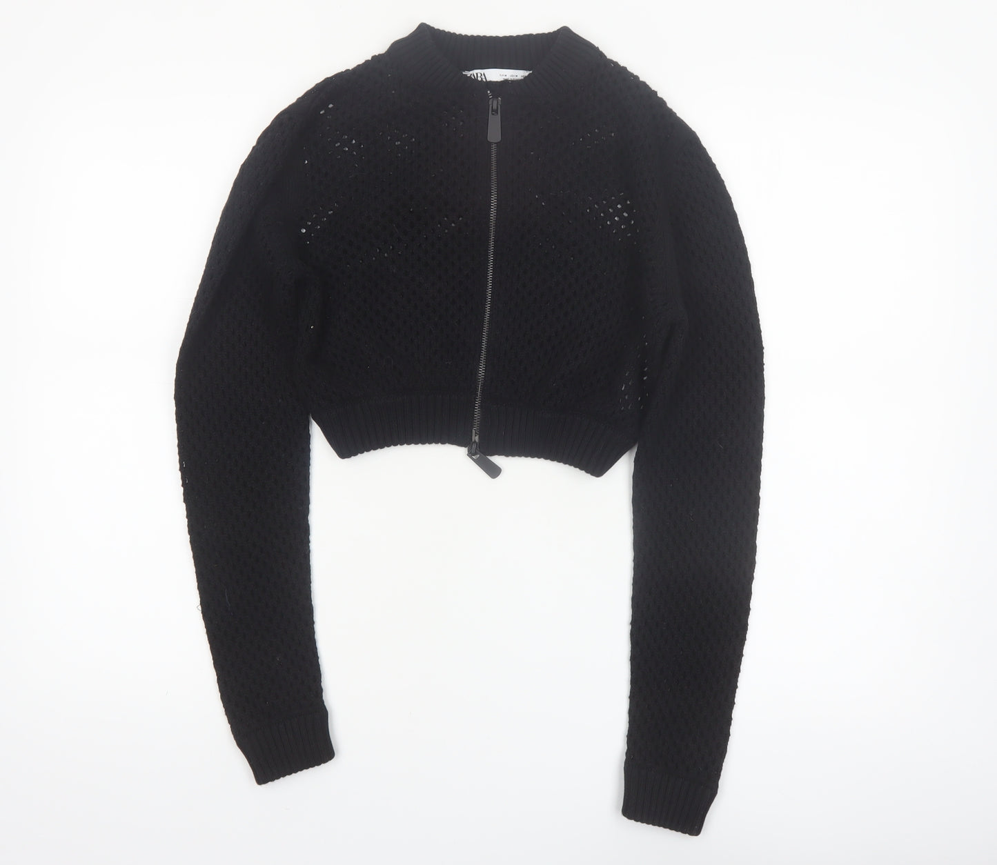 ZARA Women’s Black Cotton Open-Knit Full Zip Cropped Jumper Size 12
