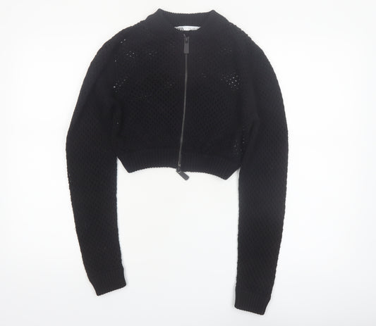 ZARA Women’s Black Cotton Open-Knit Full Zip Cropped Jumper Size 12