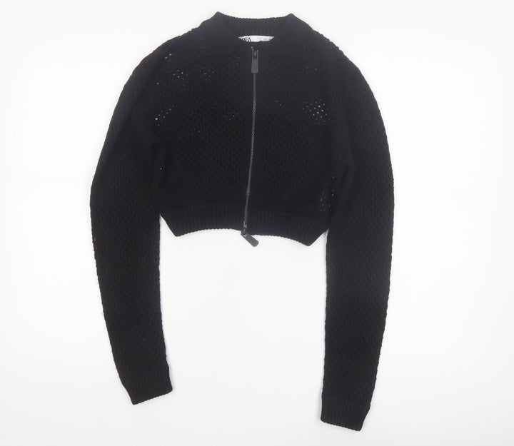 ZARA Women’s Black Cotton Open-Knit Full Zip Cropped Jumper Size 12