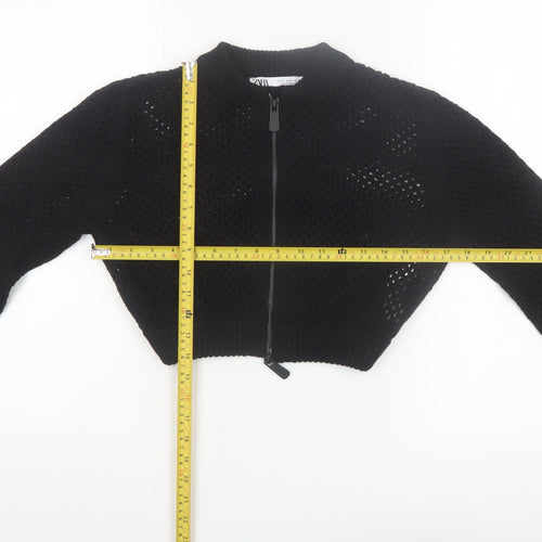 ZARA Women’s Black Cotton Open-Knit Full Zip Cropped Jumper Size 12