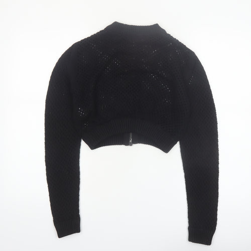 ZARA Women’s Black Cotton Open-Knit Full Zip Cropped Jumper Size 12