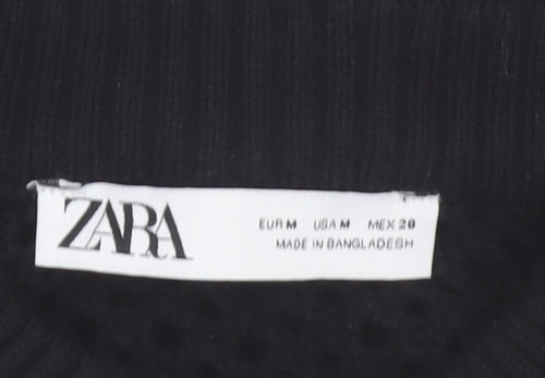 ZARA Women’s Black Cotton Open-Knit Full Zip Cropped Jumper Size 12