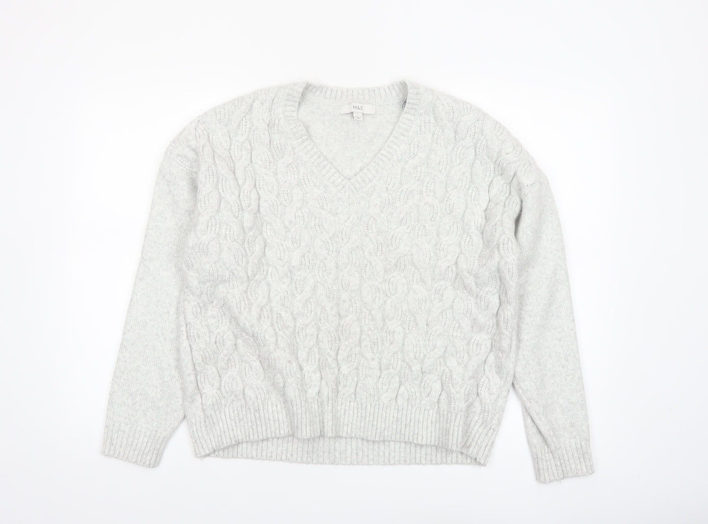 Marks and Spencer Women Grey V-Neck Cable Knit Jumper L