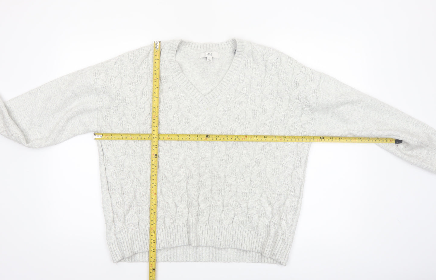 Marks and Spencer Women Grey V-Neck Cable Knit Jumper L