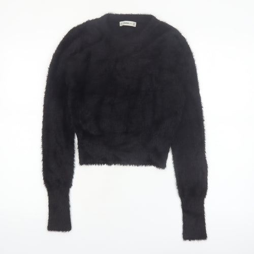 Zara Women Black Fluffy Knit Long Sleeve Pullover Jumper Size S
