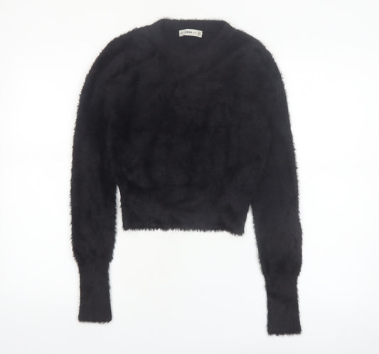 Zara Women Black Fluffy Knit Long Sleeve Pullover Jumper Size S