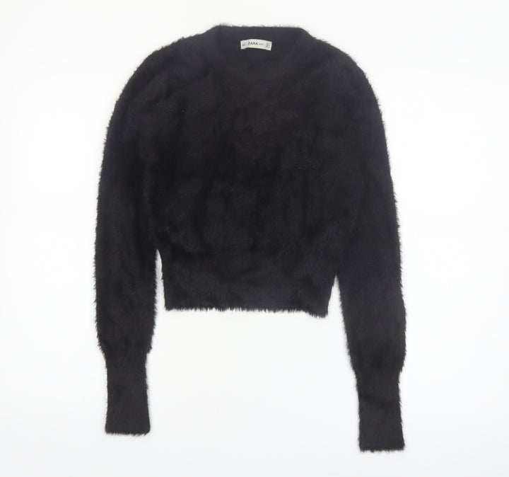 Zara Women Black Fluffy Knit Long Sleeve Pullover Jumper Size S