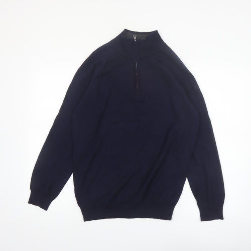 Oscar Jacobson Men's Blue Wool 1/4 Zip Jumper Size L
