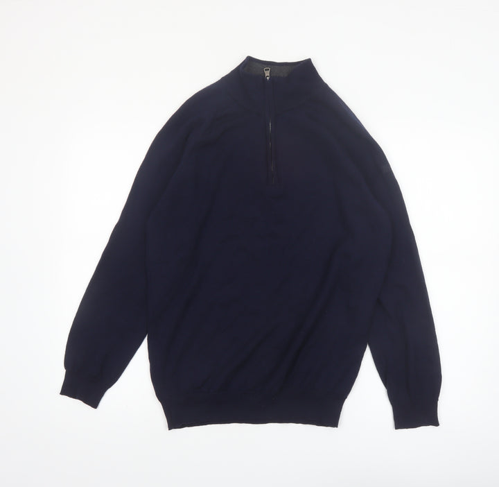 Oscar Jacobson Men's Blue Wool 1/4 Zip Jumper Size L