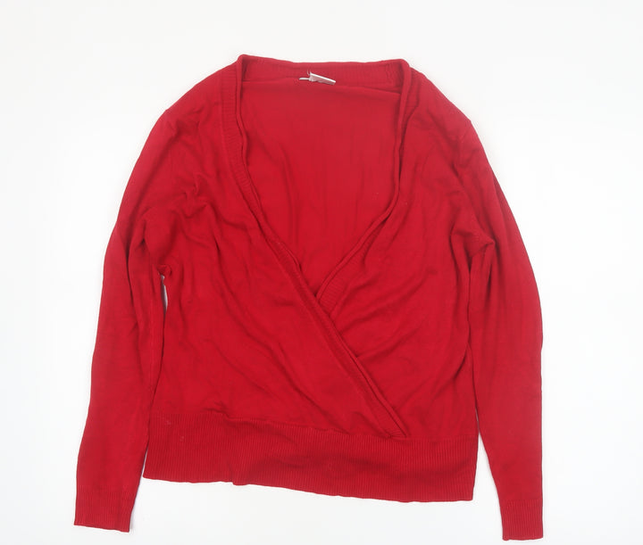 Wallis Women Red Wrap V-Neck Jumper Size 16 Long Sleeve Knit