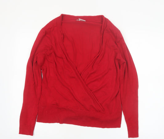 Wallis Women Red Wrap V-Neck Jumper Size 16 Long Sleeve Knit