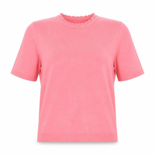 Front view of Bonmarché Women's Pink Short Sleeve Acrylic Mock Neck Jumper, size 12