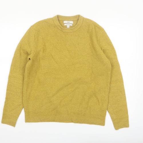 Marks and Spencer Men's Yellow Wool Blend Waffle Knit Jumper S Regular