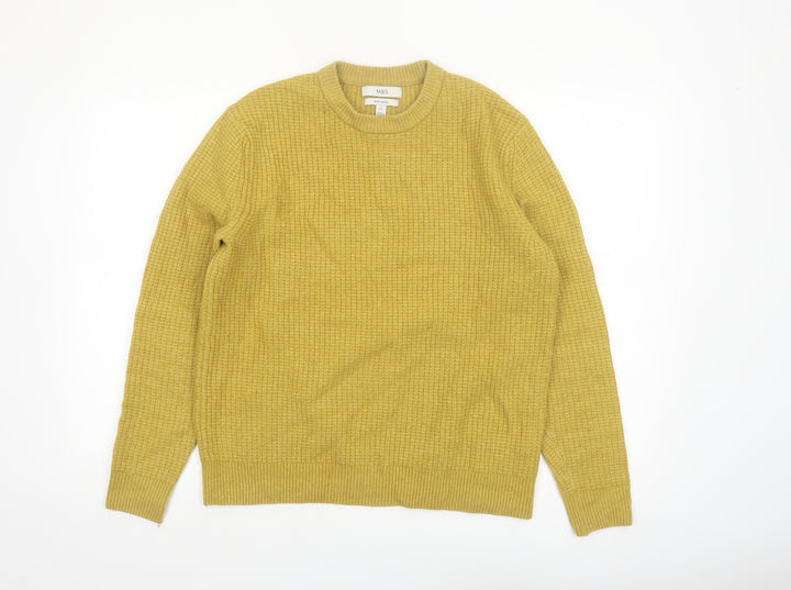 Marks and Spencer Men's Yellow Wool Blend Waffle Knit Jumper S Regular