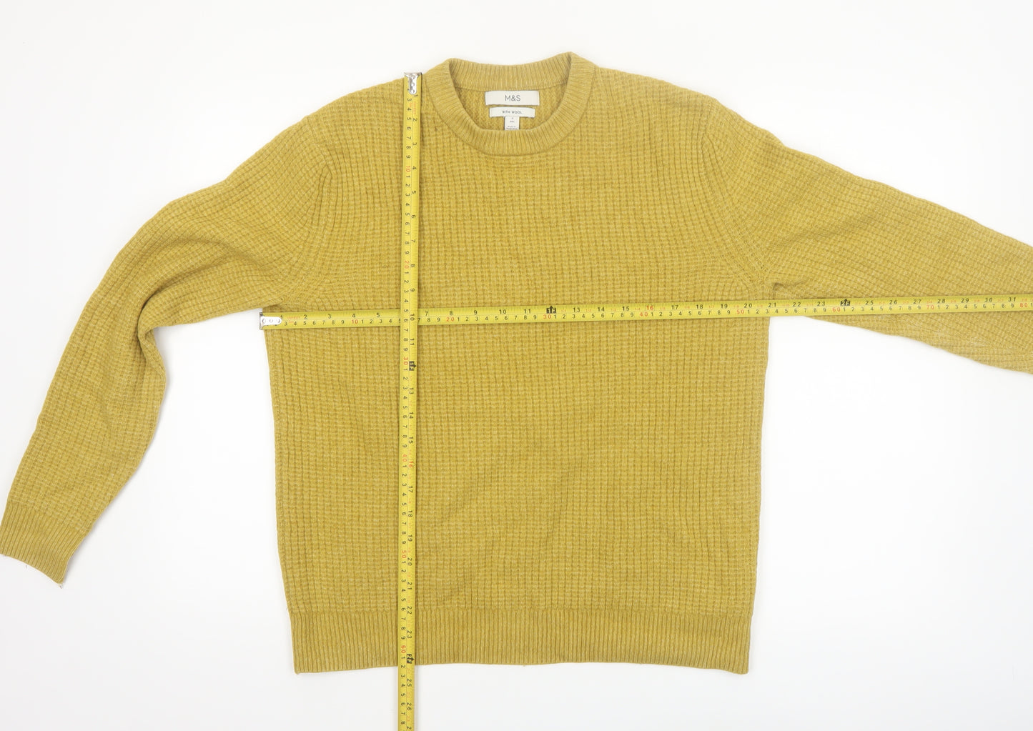 Marks and Spencer Men's Yellow Wool Blend Waffle Knit Jumper S Regular