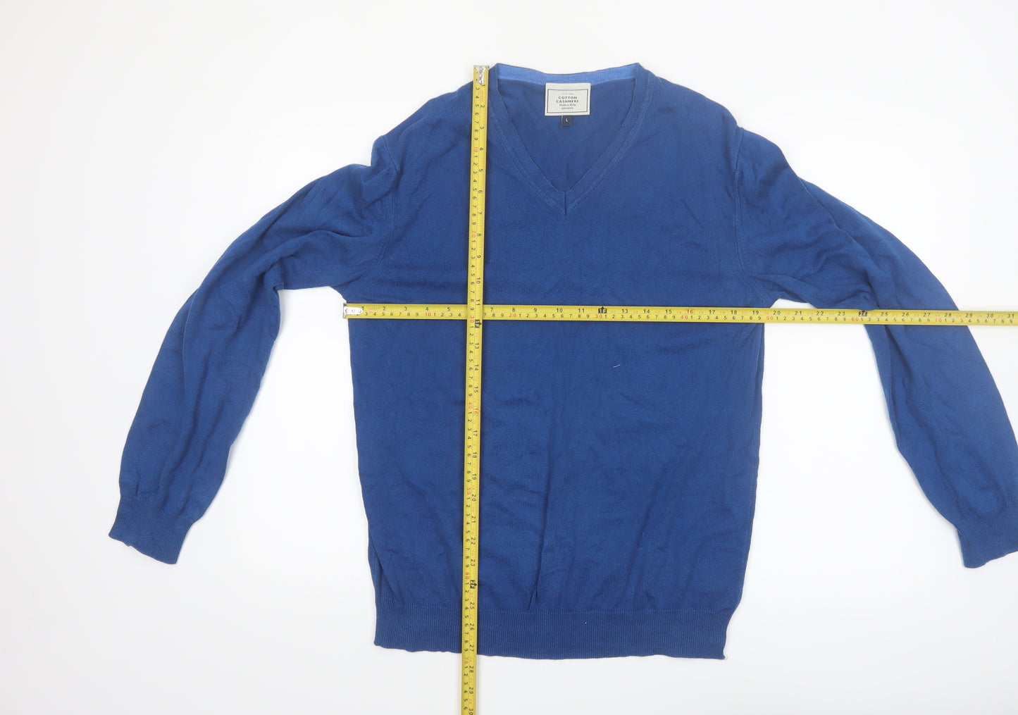 John Lewis Men's Blue V-Neck Cotton Cashmere Jumper Size L