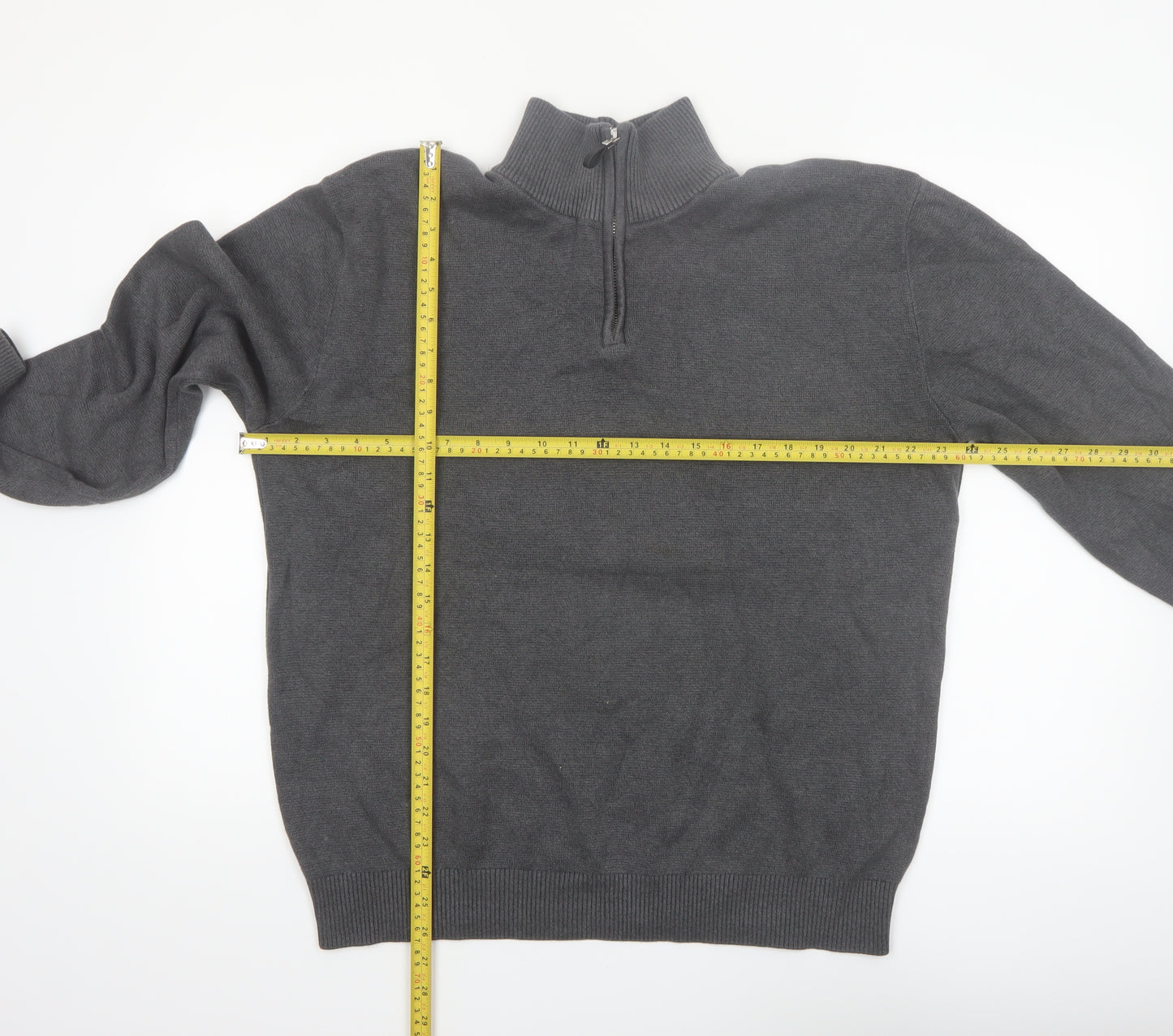 Next Men's Grey Cotton 1/2 Zip High Neck Jumper Size L