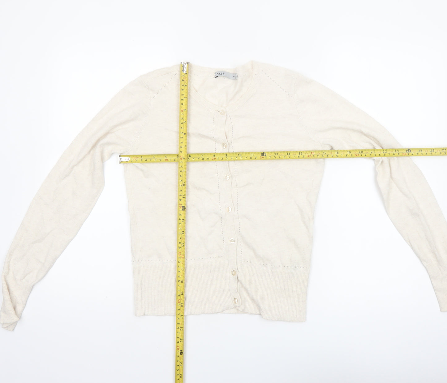 Oasis Women Ivory Cotton Long Sleeve Crew Neck Cardigan XS