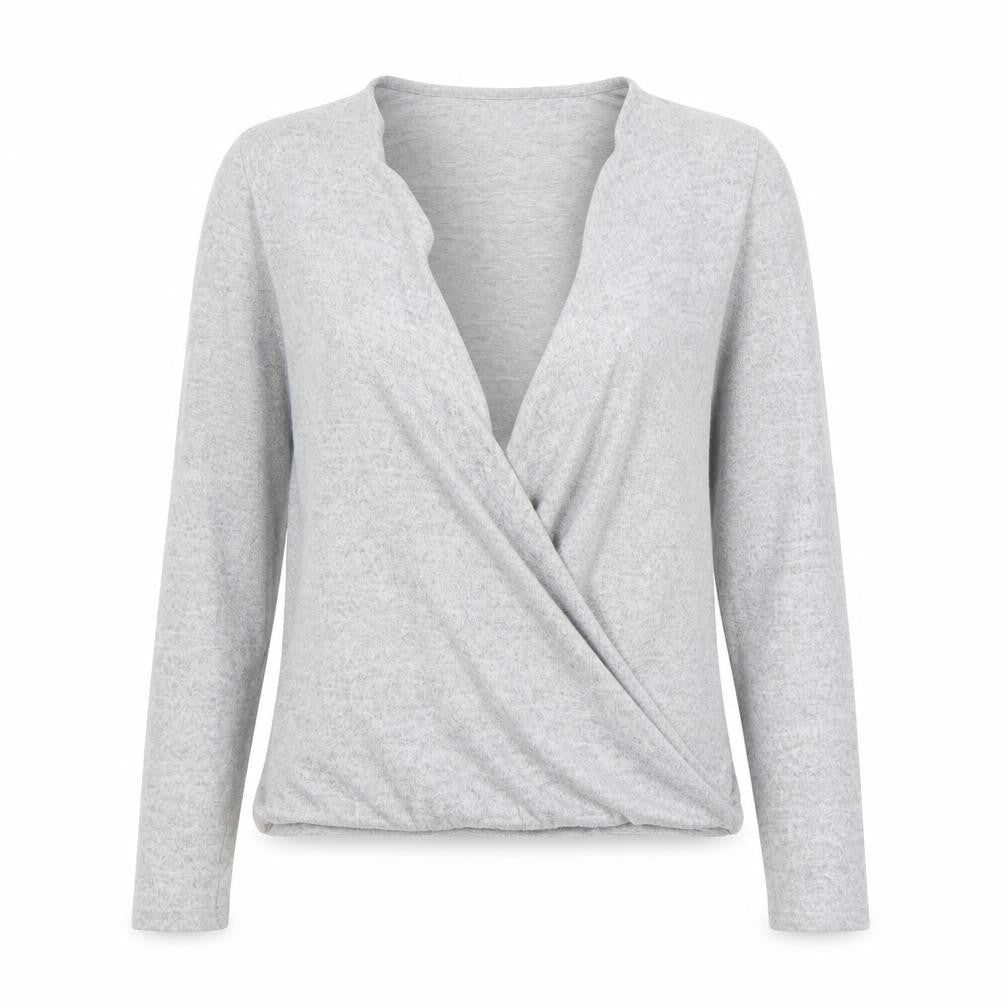 Front view of Noisy May Women's Grey Wrap Jersey Blouse Top, size M