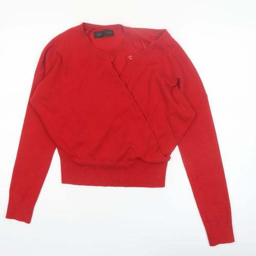ZARA Women Red V-Neck Wrap Cardigan Jumper Size 14