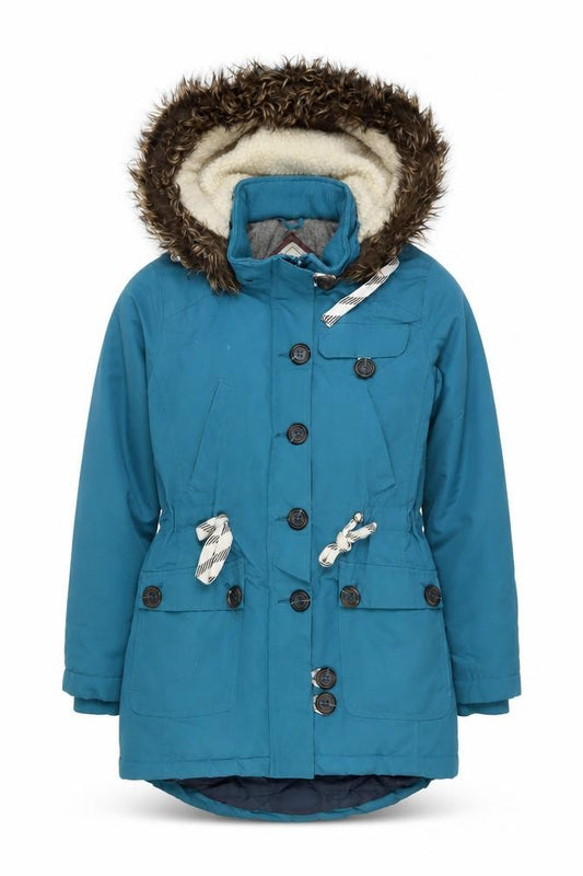 Front view of Bellfield women’s blue fur hooded parka jacket, size UK 10