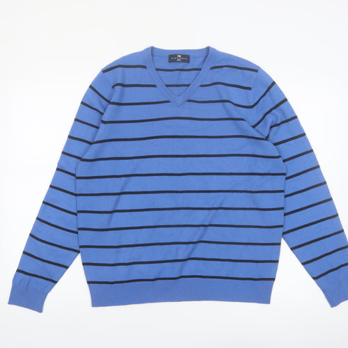 Marks and Spencer Men's Blue Striped V-Neck Jumper Medium