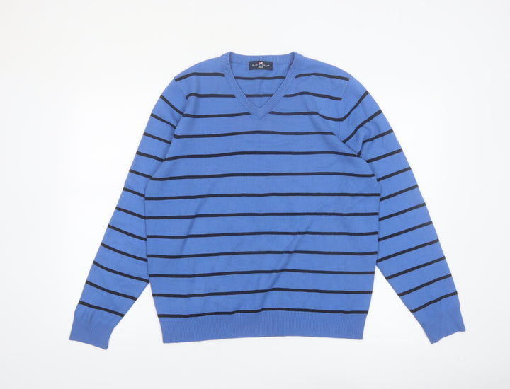 Marks and Spencer Men's Blue Striped V-Neck Jumper Medium