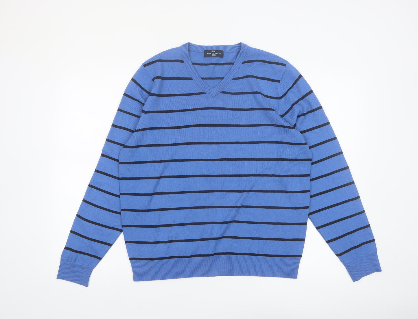 Marks and Spencer Men's Blue Striped V-Neck Jumper Medium