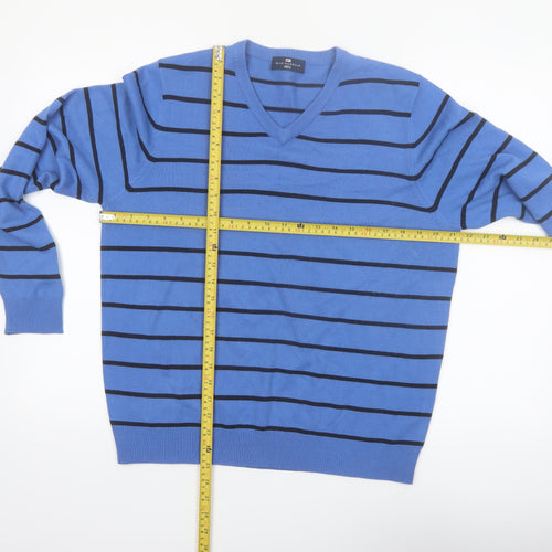Marks and Spencer Men's Blue Striped V-Neck Jumper Medium