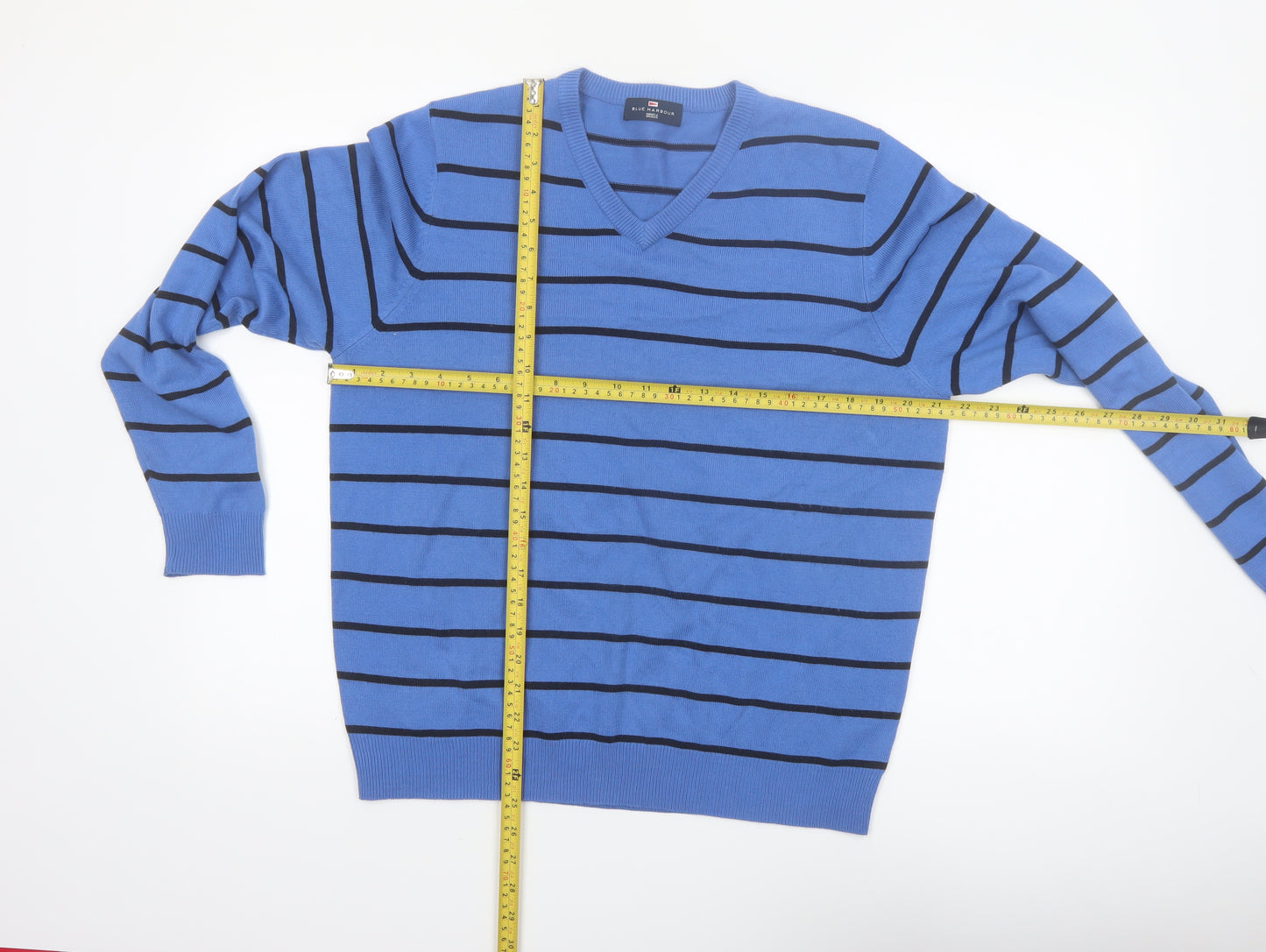 Marks and Spencer Men's Blue Striped V-Neck Jumper Medium