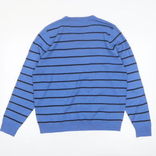 Marks and Spencer Men's Blue Striped V-Neck Jumper Medium