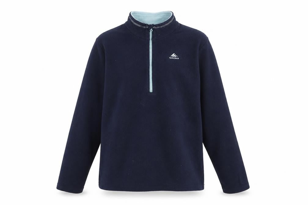 Front view of Quechua boys’ blue fleece 1/4 zip pullover sweatshirt 14-15 years