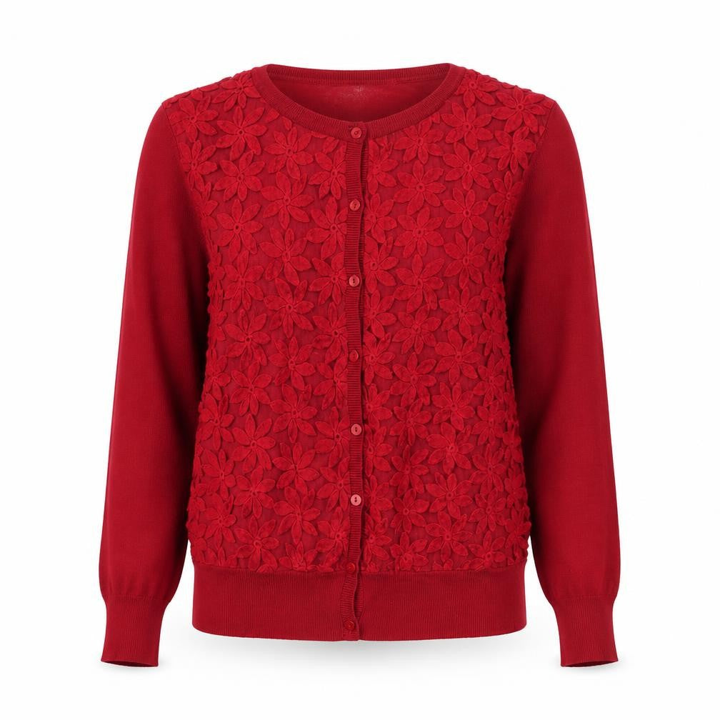 Front view of Pomodoro women’s red floral embroidered cardigan, size L