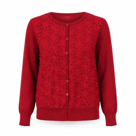Front view of Pomodoro women’s red floral embroidered cardigan, size L